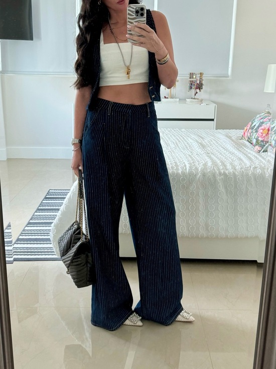 Pants - Wide Leg Pinstripe Pants & Vest - Navy